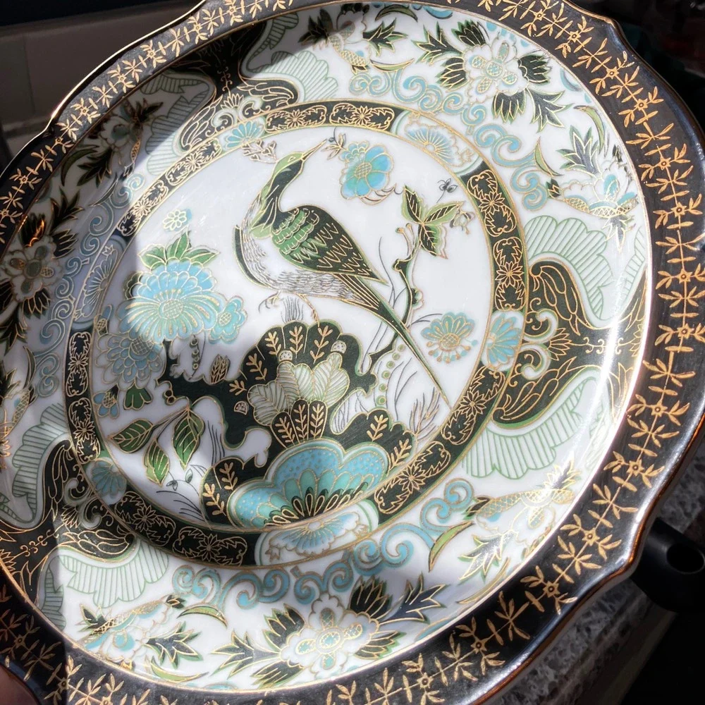 Saji Fine China Decorative Charger Plate 10.25in Green Gold Peacock Vintage